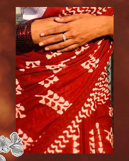 Bagru Block Print Rust & White Saree | Natural Dye Handcrafted Elegance | Bhairavi Vastram