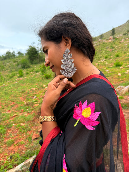 Black Mul Cotton Saree with Pink Lotus Motifs and Red Border