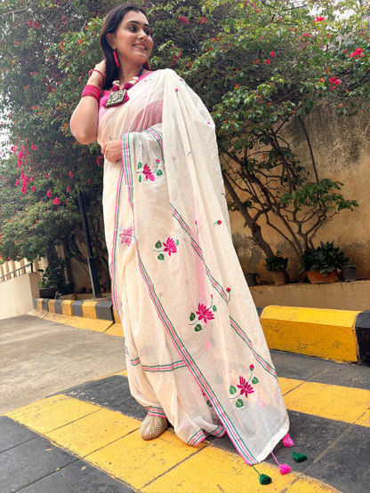 White Mul Cotton Saree with Floral Machine Embroidery | Lightweight Summer Saree