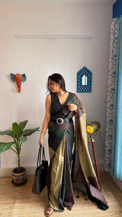 Khadi Cotton Handloom Saree in Brown, Black & Green