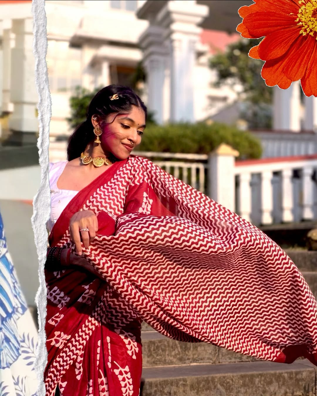 Bagru Block Print Rust & White Saree | Natural Dye Handcrafted Elegance | Bhairavi Vastram