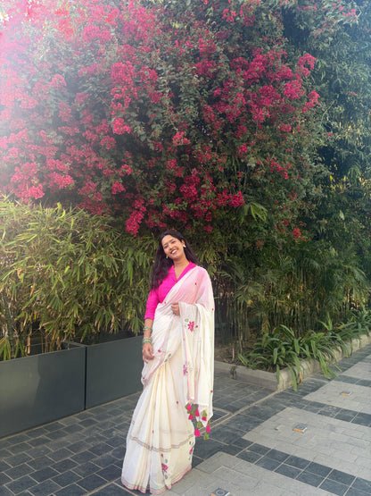 White Mul Cotton Saree with lotus Embroidery