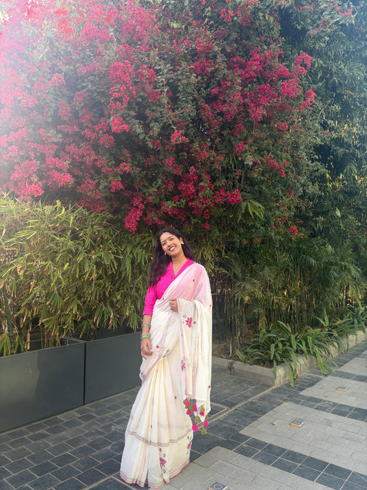 White Mul Cotton Saree with lotus Embroidery
