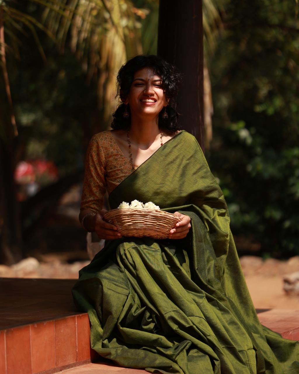 Green Khadi Cotton Saree | Handloom Cotton Saree for Office & Everyday Wear