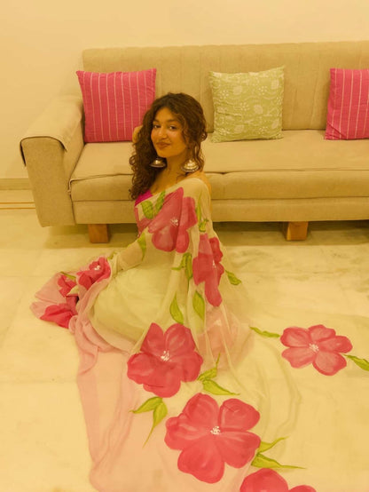 Cardamom Green Semi Chiffon Hand Painted Saree