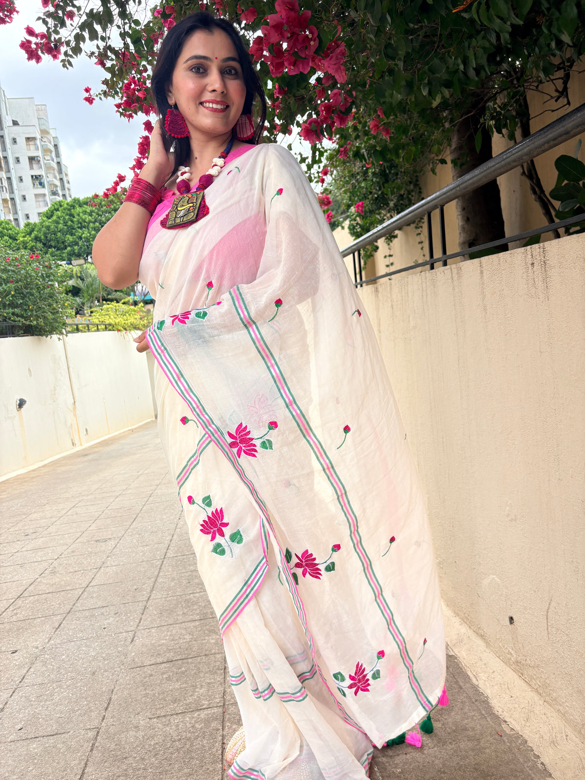 White Mul Cotton Saree with Floral Machine Embroidery | Lightweight Summer Saree