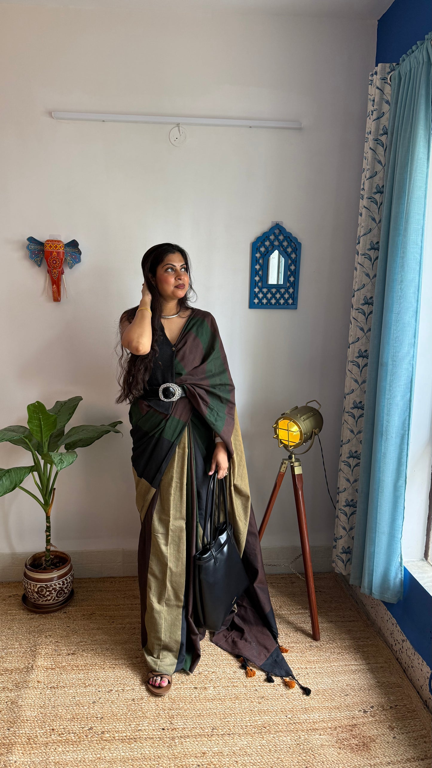 Khadi Cotton Handloom Saree in Brown, Black & Green