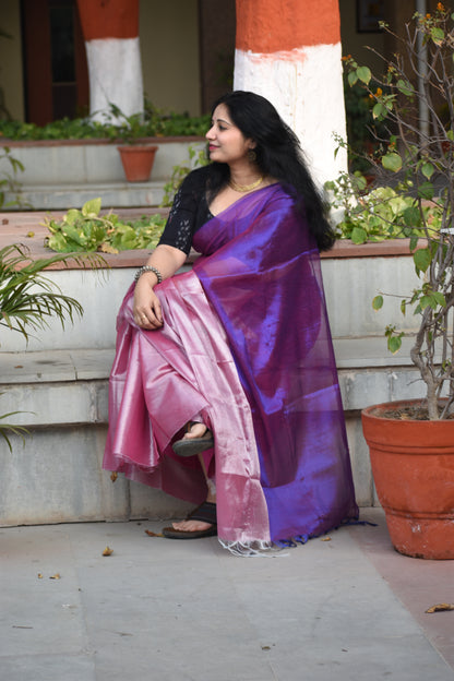 Purple Pink Handloom Tissue Saree | Elegant Festive Drapes | Bhairavi Vastram