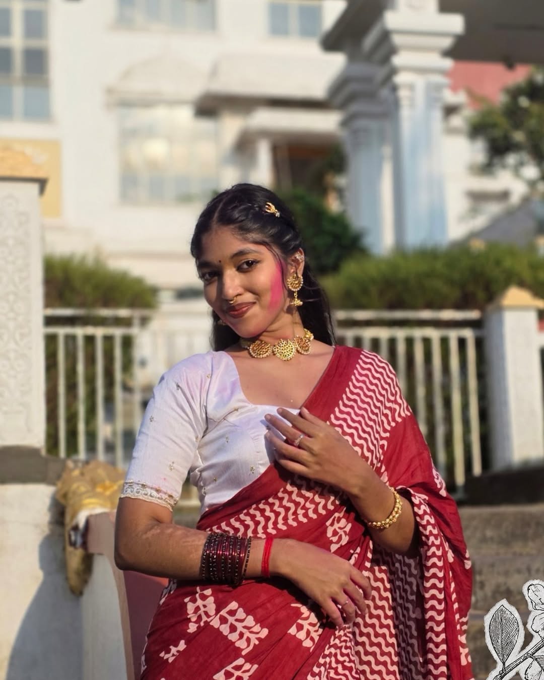 Bagru Block Print Rust & White Saree | Natural Dye Handcrafted Elegance | Bhairavi Vastram