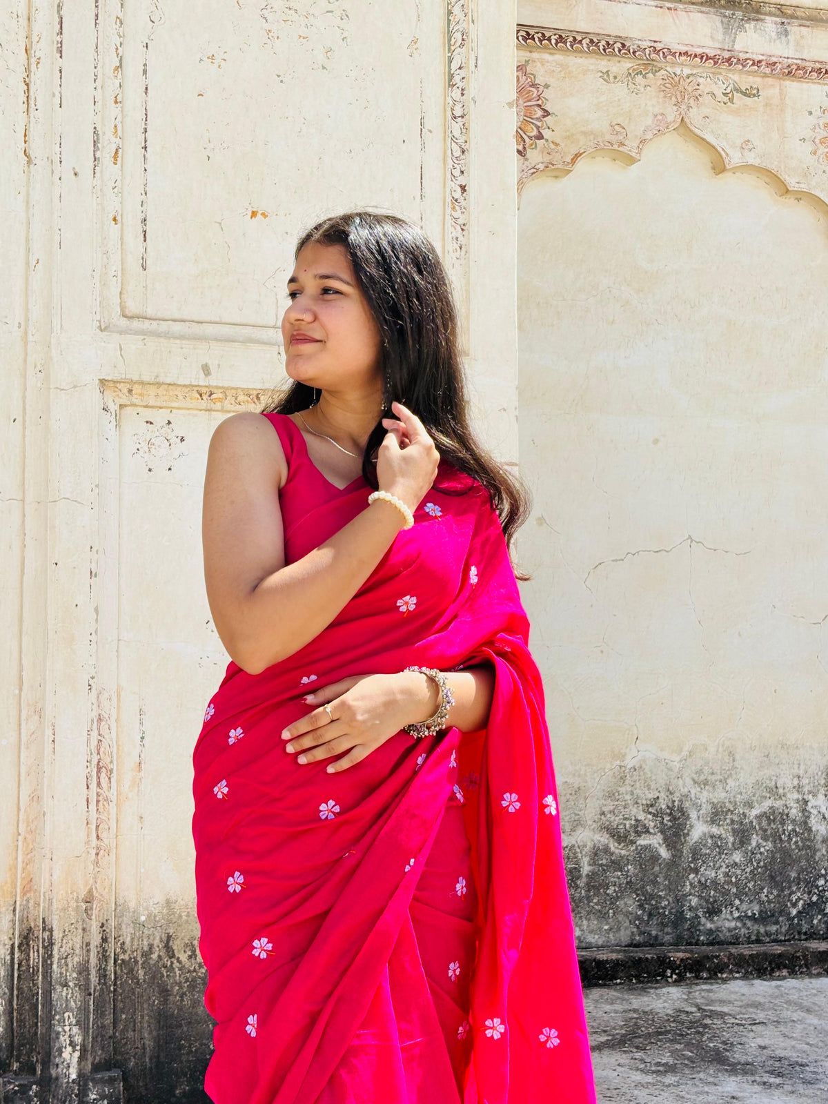 Rani Pink Mulmul Cotton Saree with Parijat Handwork Flowers