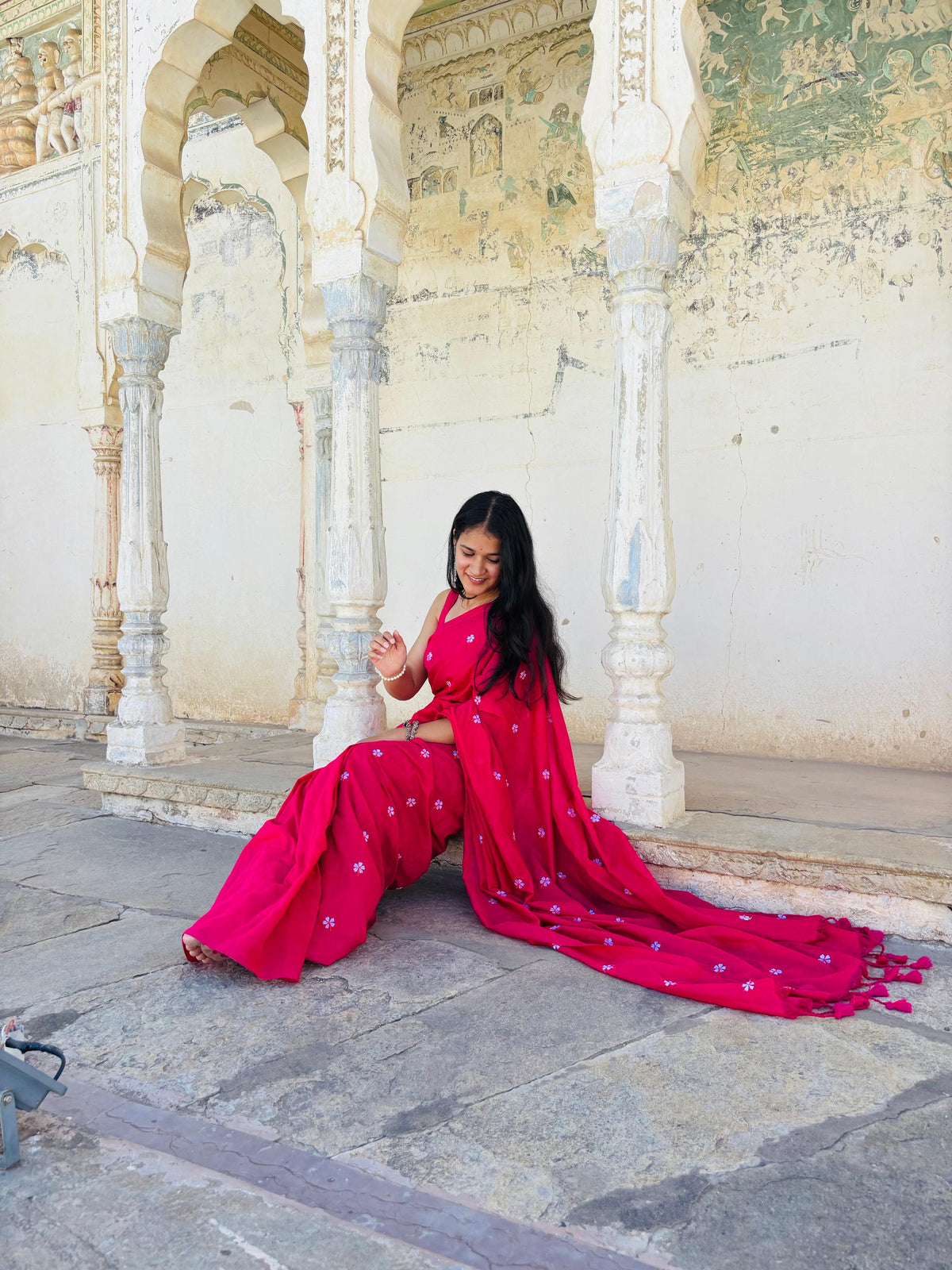 Rani Pink Mulmul Cotton Saree with Parijat Handwork Flowers