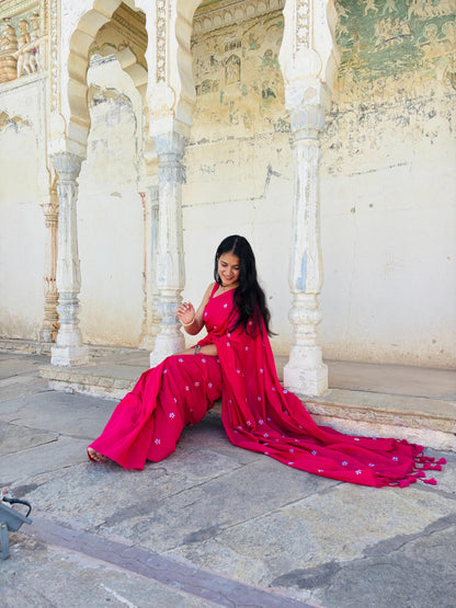 Rani Pink Mulmul Cotton Saree with Parijat Handwork Flowers