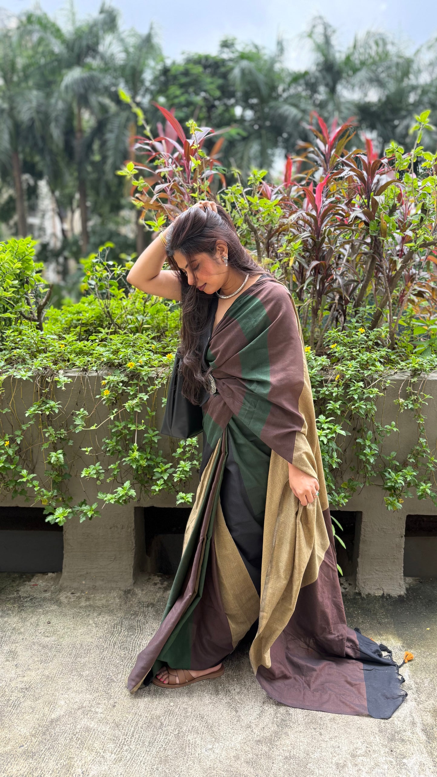 Khadi Cotton Handloom Saree in Brown, Black & Green