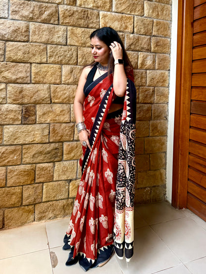 Bagru Handblock Print Cotton Saree in Crimson Red & Black