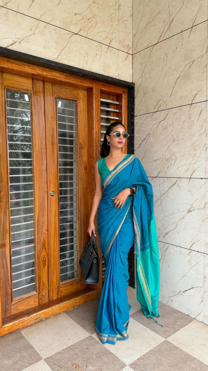 Peacock Blue Khadi Cotton Dual Shade Saree with Running Blouse Piece
