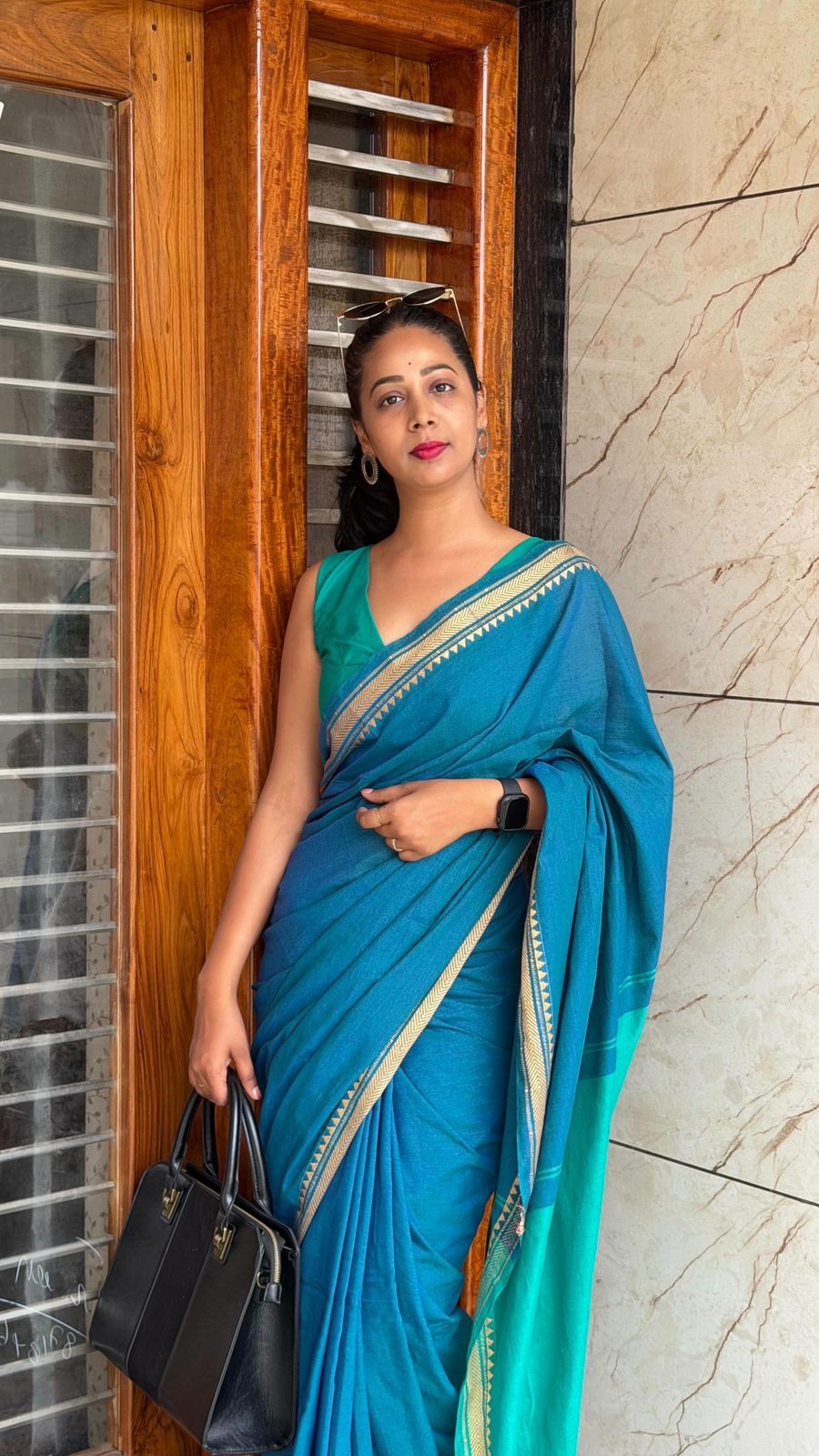 Peacock Blue Khadi Cotton Dual Shade Saree with Running Blouse Piece