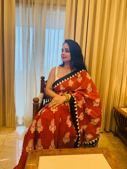 Bagru Handblock Print Cotton Saree in Crimson Red & Black