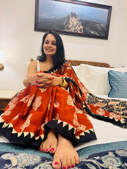 Bagru Handblock Print Cotton Saree in Crimson Red & Black