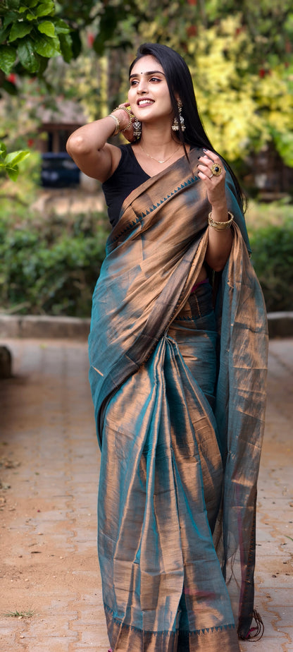Mrinalini Grey Handloom Soft Tissue Saree with Pink Border