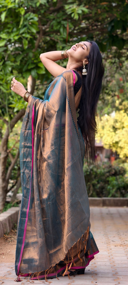 Mrinalini Grey Handloom Soft Tissue Saree with Pink Border