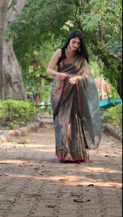 Mrinalini Grey Handloom Soft Tissue Saree with Pink Border