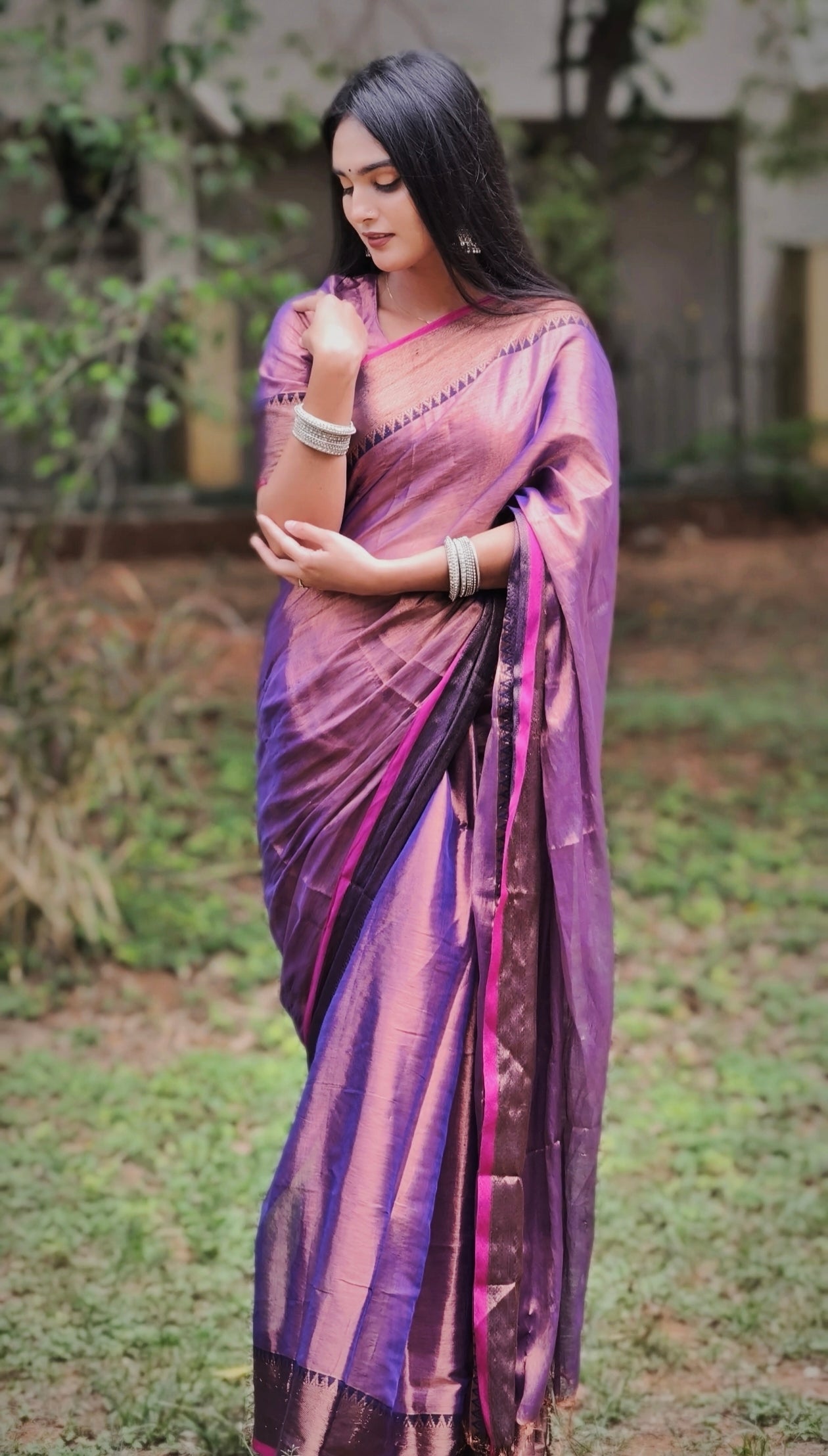 Handloom Soft Tissue Saree in Rose Pink & Purple with Copper Temple Border