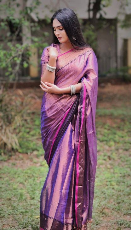 Handloom Soft Tissue Saree in Rose Pink & Purple with Copper Temple Border