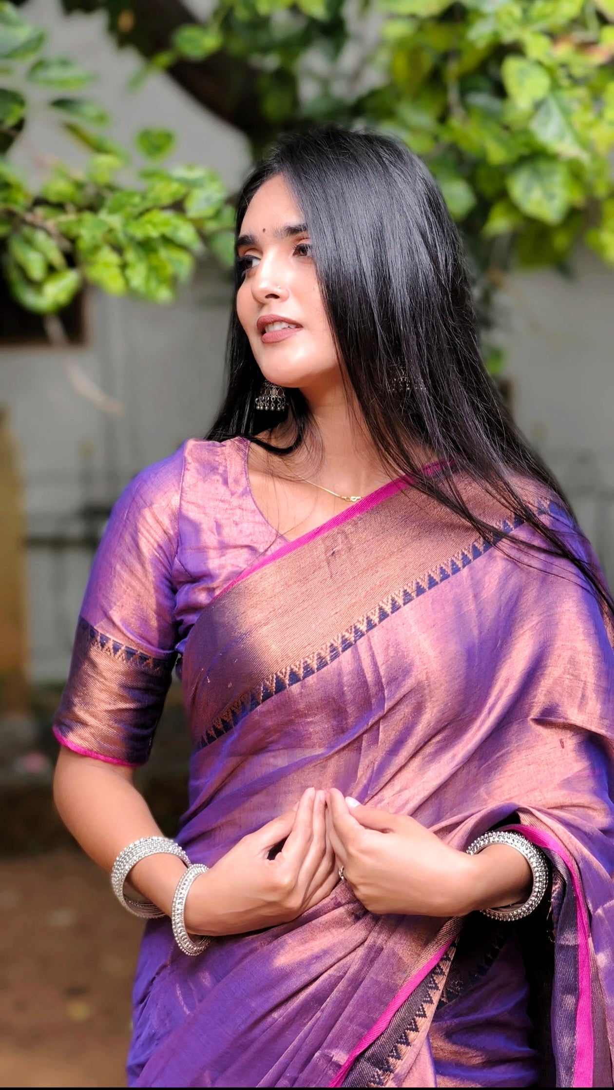 Handloom Soft Tissue Saree in Rose Pink & Purple with Copper Temple Border