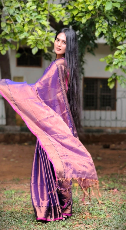 Handloom Soft Tissue Saree in Rose Pink & Purple with Copper Temple Border