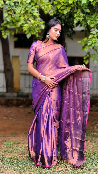 Handloom Soft Tissue Saree in Rose Pink & Purple with Copper Temple Border