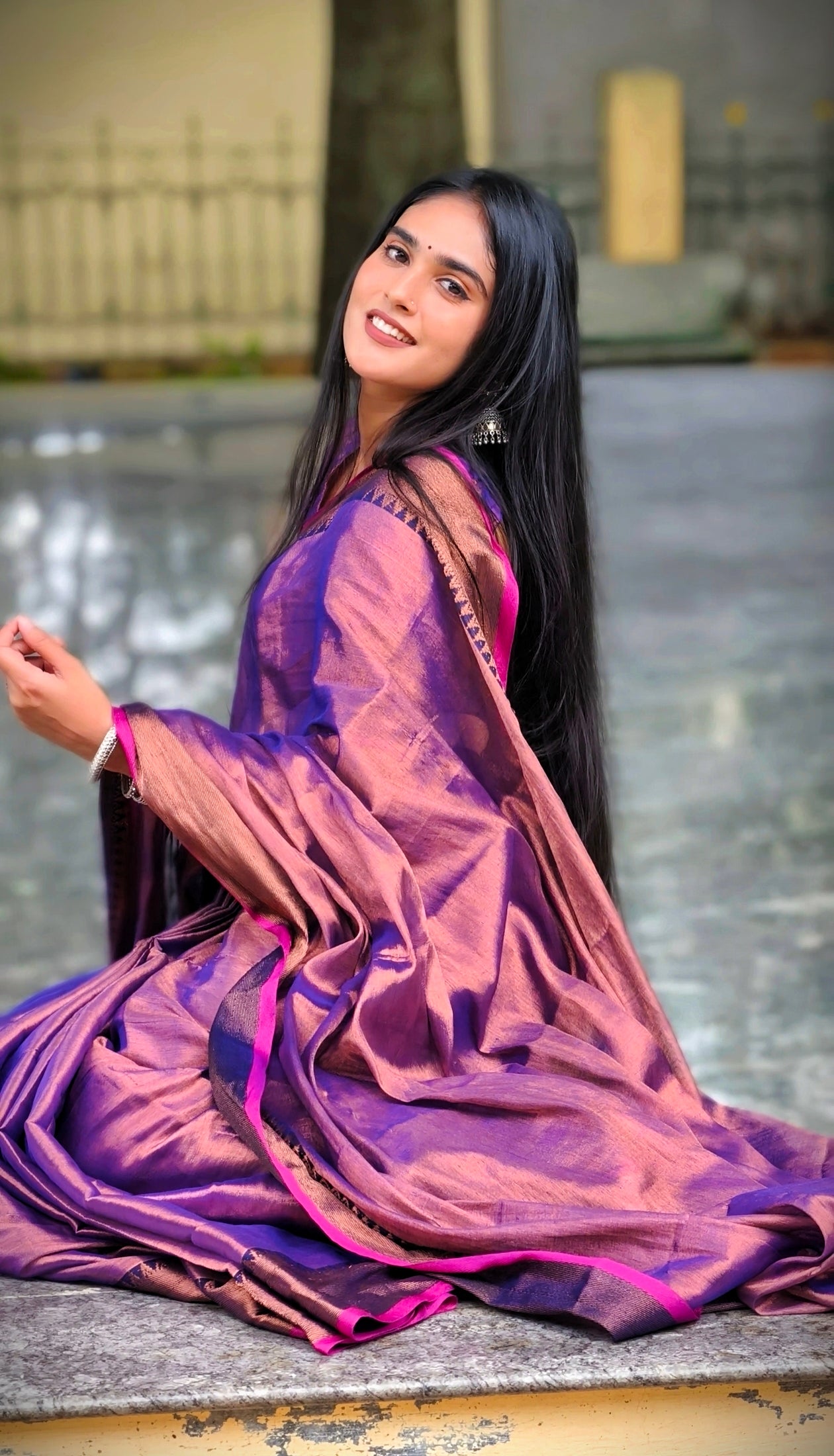 Handloom Soft Tissue Saree in Rose Pink & Purple with Copper Temple Border