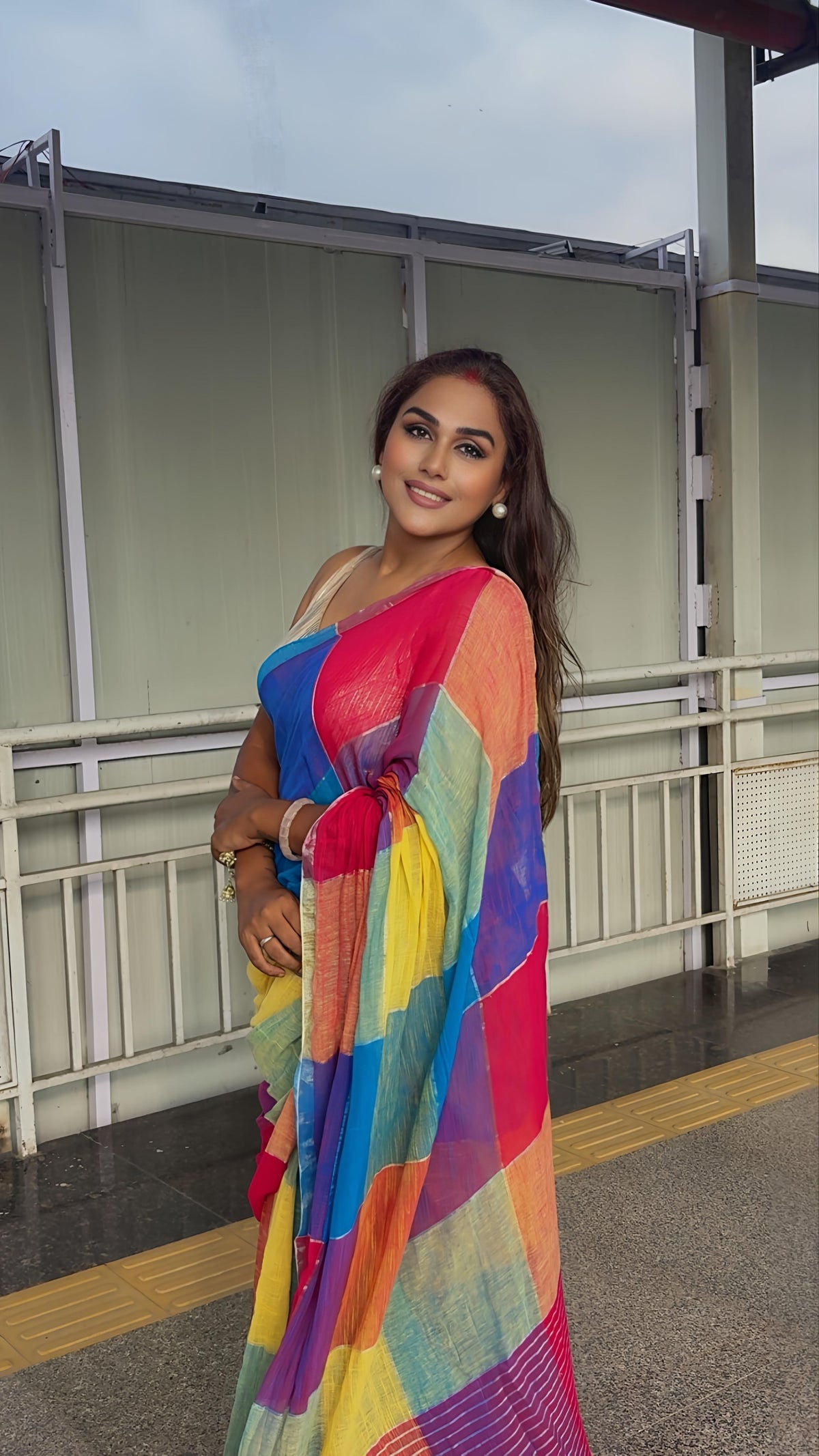 Pure Linen Tissue Multicolour Stripes Saree | Rainbow Saree