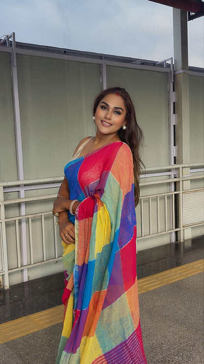 Pure Linen Tissue Multicolour Stripes Saree | Rainbow Saree