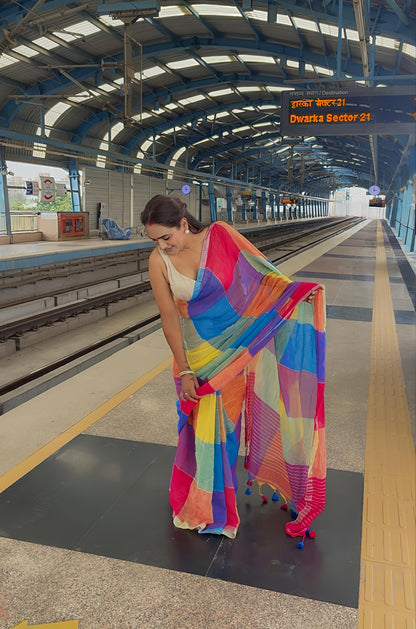 Pure Linen Tissue Multicolour Stripes Saree | Rainbow Saree