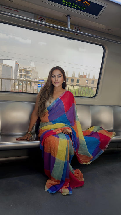 Pure Linen Tissue Multicolour Stripes Saree | Rainbow Saree