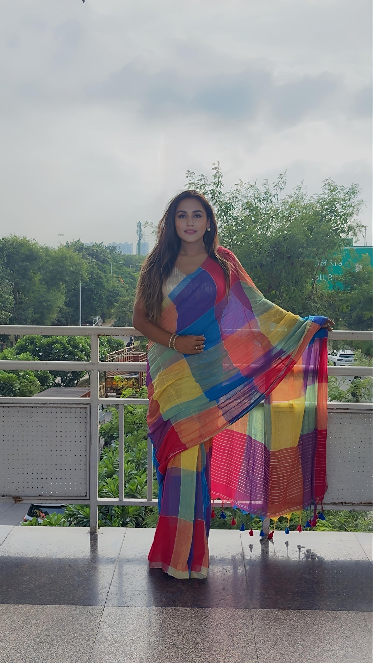 Pure Linen Tissue Multicolour Stripes Saree | Rainbow Saree