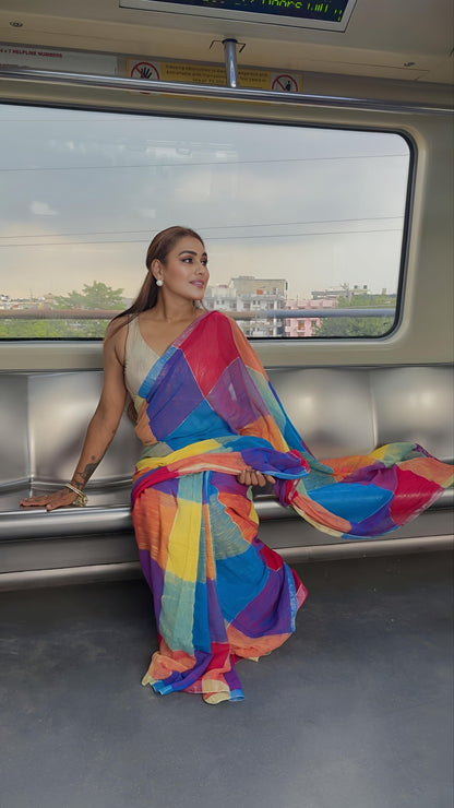 Pure Linen Tissue Multicolour Stripes Saree | Rainbow Saree