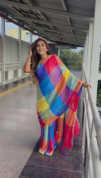 Pure Linen Tissue Multicolour Stripes Saree | Rainbow Saree