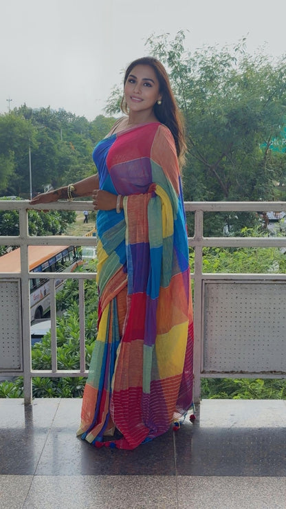 Pure Linen Tissue Multicolour Stripes Saree | Rainbow Saree