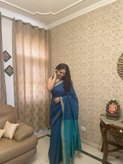 Peacock Blue Khadi Cotton Dual Shade Saree with Running Blouse Piece