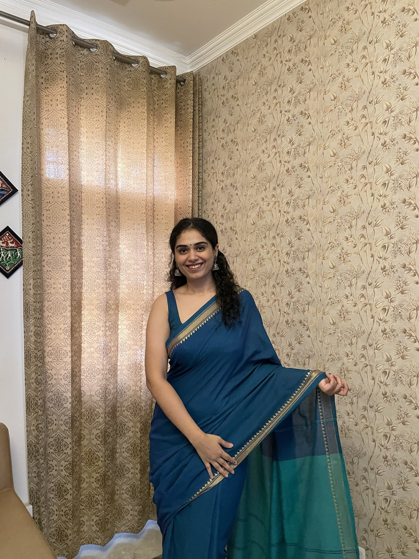 Peacock Blue Khadi Cotton Dual Shade Saree with Running Blouse Piece