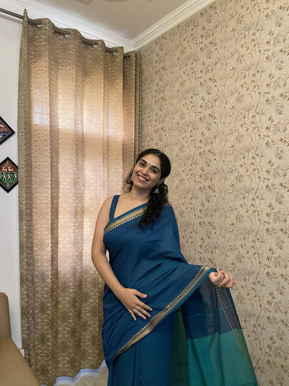 Peacock Blue Khadi Cotton Dual Shade Saree with Running Blouse Piece