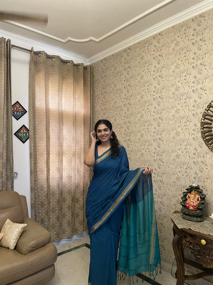 Peacock Blue Khadi Cotton Dual Shade Saree with Running Blouse Piece