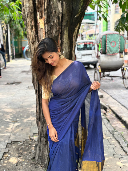 Pure Khadi Cotton Zari Border Saree in Royal Blue