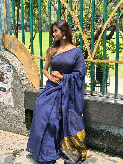 Pure Khadi Cotton Zari Border Saree in Royal Blue