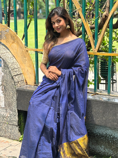Pure Khadi Cotton Zari Border Saree in Royal Blue