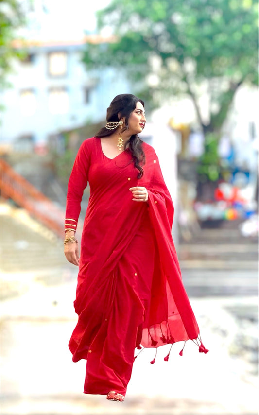 Khadi Cotton Chumki All Over Saree | Lightweight Festive Cotton Saree | Red | Bhairavi Vastram™