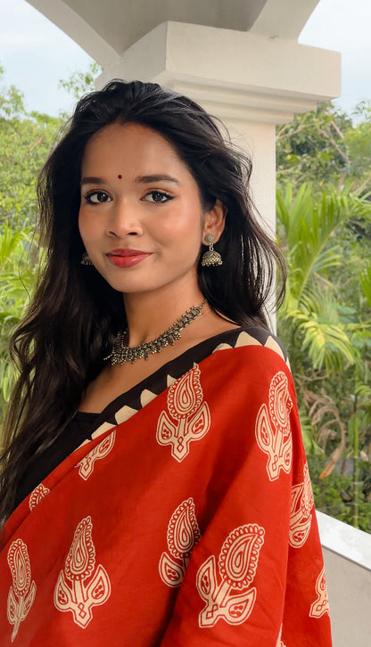 Bagru Handblock Print Cotton Saree in Crimson Red & Black