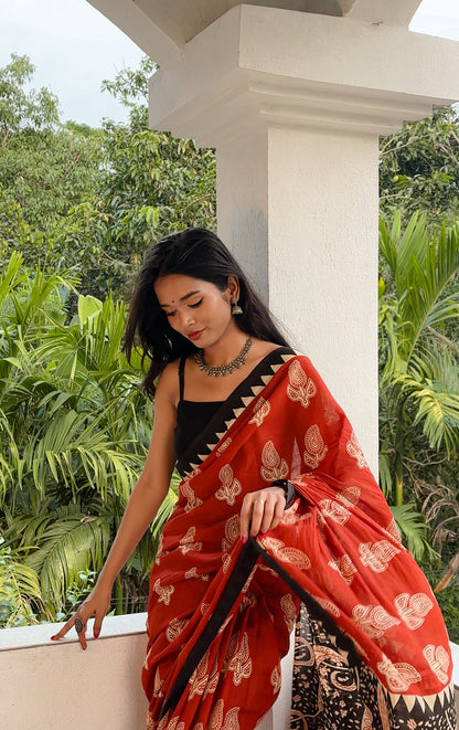 Bagru Handblock Print Cotton Saree in Crimson Red & Black