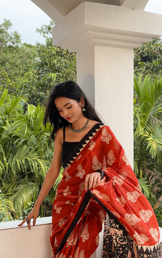 Bagru Handblock Print Cotton Saree in Crimson Red & Black